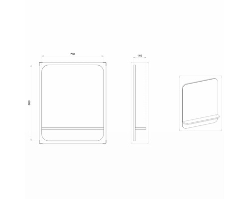Desen tehnic al unei oglinzi cu raft și dimensiunile 700 x 860 x 140 mm.