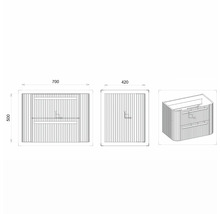 Desen al unui dulap de bază pentru lavoar cu dimensiunile de 700 x 500 x 420 milimetri.