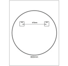 Schiță oglindă rotundă cu dimensiuni: diametru 800 mm și distanță 472 mm între punctele de fixare.