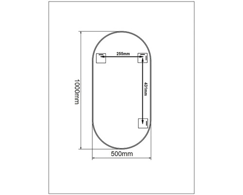 Desen tehnic al unei oglinzi cu dimensiunile de 1000 mm înălțime și 500 mm lățime.