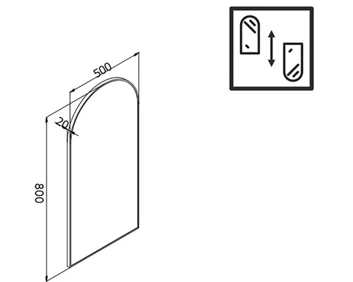 Desen tehnic al unei oglinzi cu dimensiunile 800 x 500 mm și simbol de montaj