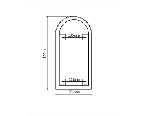 Desen tehnic al unei oglinzi cu dimensiuni: înălțime 800 mm, lățime 500 mm, distanța de suspensie 335 mm