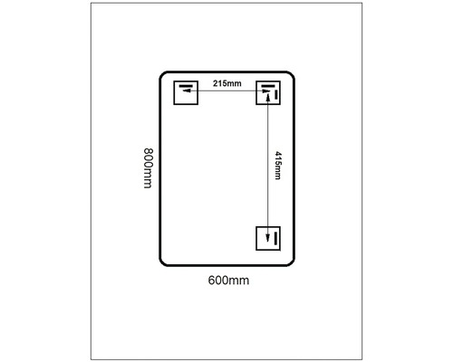 Desen tehnic al unei oglinzi dreptunghiulare cu colțuri rotunjite, cu dimensiunile de 800 pe 600 milimetri, inclusiv punctele de suspendare cu dimensiunile de 215 și 415 milimetri.