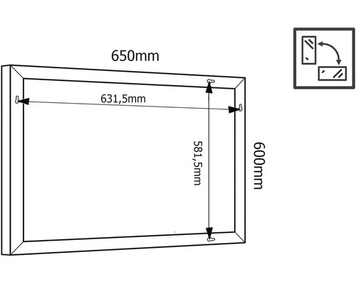 Desen tehnic al unei oglinzi cu dimensiunile de 650 mm lățime și 600 mm înălțime.