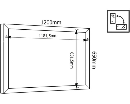 Desen tehnic al unei oglinzi cu dimensiunile 1200 mm pe 650 mm