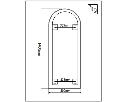 Desen tehnic al unei oglinzi cu dimensiunile de 1400 mm înălțime și 500 mm lățime