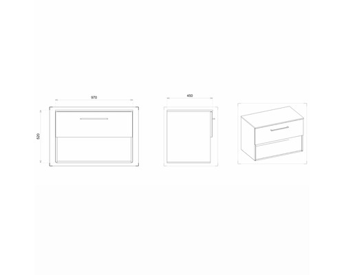 Desen tehnic al unui dulap de bază pentru lavoar cu două sertare și indicații de dimensiuni