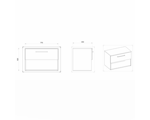 Desen tehnic al unui dulap de bază pentru lavoar cu sertare și dimensiuni