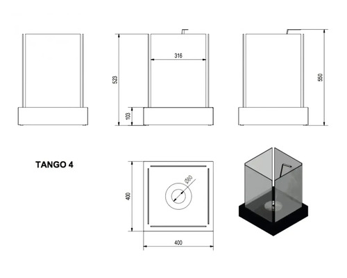 Desen tehnic al fântânii de interior Tango 4 cu dimensiuni