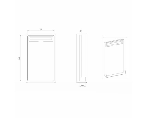 Desen tehnic al unei oglinzi cu iluminare și indicații dimensionale.