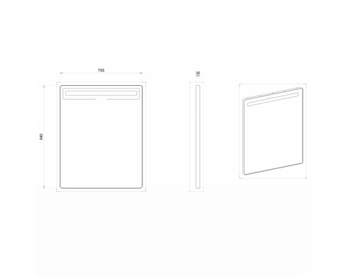 Desen tehnic al unei oglinzi cu dimensiunile de 755 x 940 x 35 milimetri.