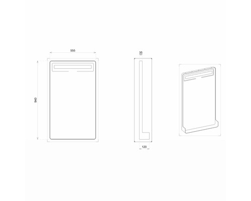 Desen tehnic al unei oglinzi de baie cu iluminare cu LED și dimensiunile 940 x 555 x 35 mm