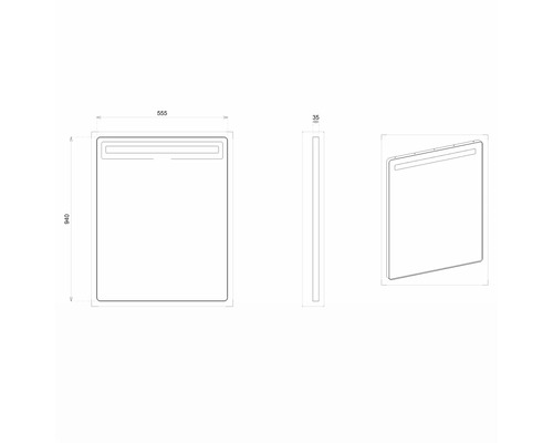 Desen tehnic al unei oglinzi cu dimensiunile 555 x 940 x 35 milimetri.