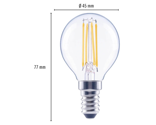 Bec LED transparent cu soclu E14, diametru 45 mm și înălțime 77 mm