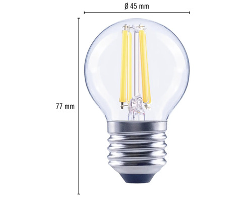 Imagine cu un bec Filament LED cu dimensiunile de 45 mm în diametru și 77 mm în lungime.