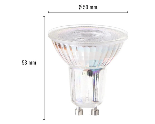 Bec GU10 cu dimensiunile de 50 mm diametru și 53 mm înălțime