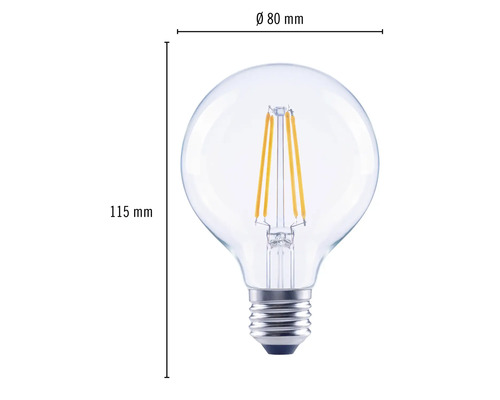 Lampă în formă de glob cu soclu E27 și dimensiuni de 115 mm înălțime și 80 mm diametru.