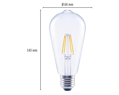 Imagine cu un bec LED cu dimensiunile de 64 milimetri diametru și 143 milimetri înălțime.