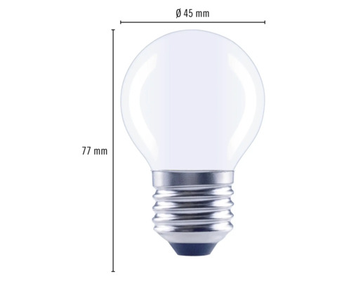 Lampă sferică cu dimensiunile de 77 mm înălțime și 45 mm diametru