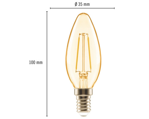Dimensiunile unui bec LED în formă de picătură cu filet E14, înălțime de 100 mm și diametru de 35 mm