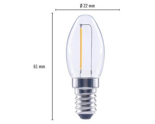 Bec LED E14 în formă de lumânare cu dimensiunile 61 mm înălțime și 22 mm diametru