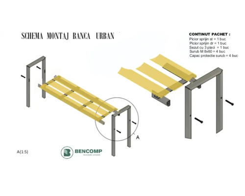 Schema de montaj a unei bănci de exterior cu șezut, cadru și șuruburi