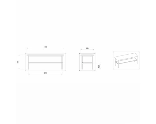 Desen tehnic al unei mese cu dimensiunile lungime 1000 mm, lățime 350 mm și înălțime 396 mm