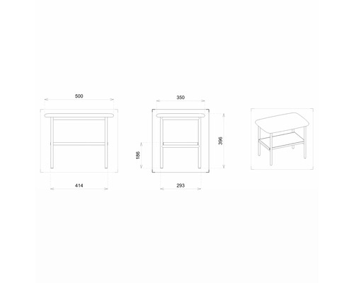 Desen tehnic al unei măsuțe laterale cu dimensiunile de 500 x 414 x 396 milimetri