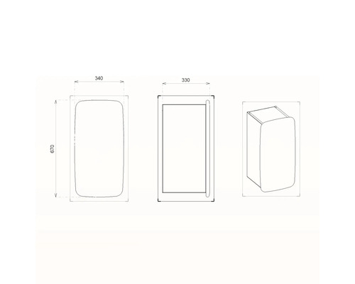 Desen tehnic al unui dulap suspendat de baie cu dimensiunile 340 x 670 x 330 mm.