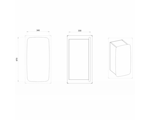 Desen tehnic al unui dulap de baie cu dimensiunile de 340 x 670 x 330 milimetri.