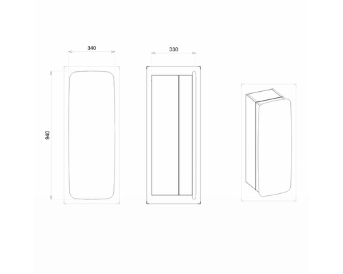 Desen tehnic al unui dulap de baie cu dimensiunile 340, 330 și 940.