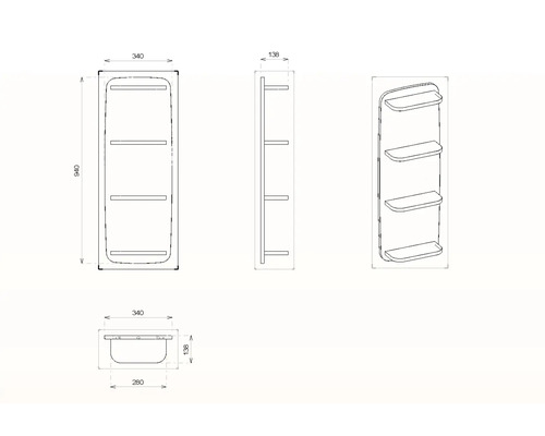 Desen tehnic al unui raft de baie cu trei rafturi și dimensiuni