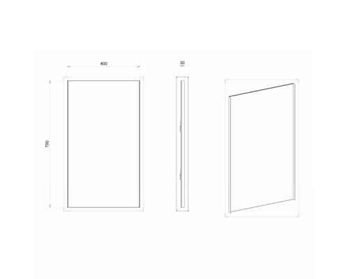 Desen tehnic al unei oglinzi cu dimensiunile 400 x 700 x 30 mm