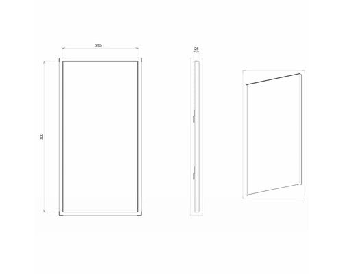Desen tehnic al unei oglinzi cu dimensiunile de 700 x 350 x 25 milimetri.