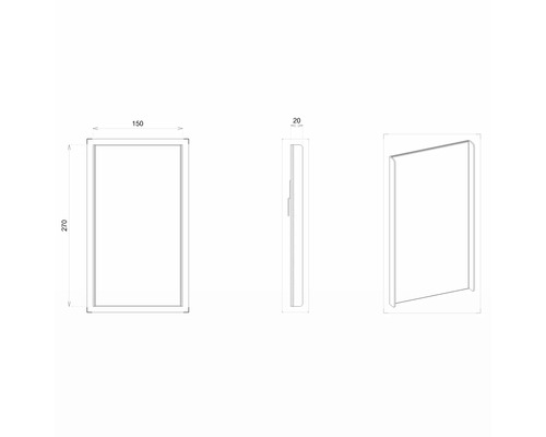 Desen tehnic al unei oglinzi cu dimensiunile 150 x 270 x 20 milimetri.