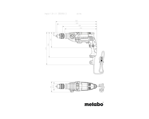 Desen tehnic al unei mașini de găurit cu percuție Metabo SBE800-2 cu indicații de măsurare