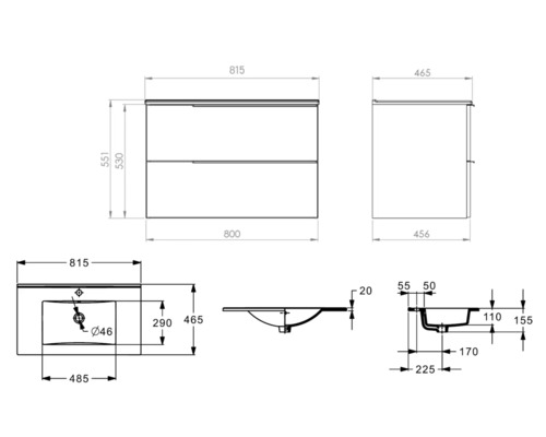 Desen tehnic al unui dulap de bază pentru lavoar cu dimensiuni