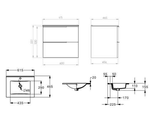 Desen tehnic al unui dulap de bază pentru lavoar cu dimensiuni