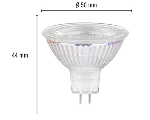 Bec MR16 cu diametrul de 50 mm și înălțimea de 44 mm.