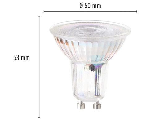 Bec GU10 cu dimensiunile de 50 milimetri diametru și 53 milimetri lungime