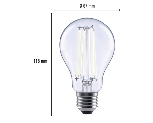 Imagine cu un bec LED transparent cu soclu E27 și dimensiunile de 118 mm înălțime și 67 mm diametru.
