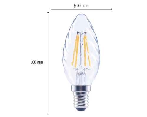 Bec LED clar în formă de lumânare cu soclu E14, diametru 35 mm și înălțime 100 mm