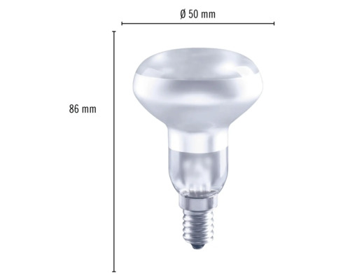 Lampă cu reflector cu dimensiunile de 86 mm înălțime și 50 mm diametru.