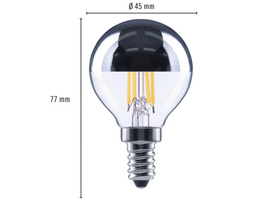 Bec glob cu soclu E14, diametru 45 milimetri și înălțime 77 milimetri