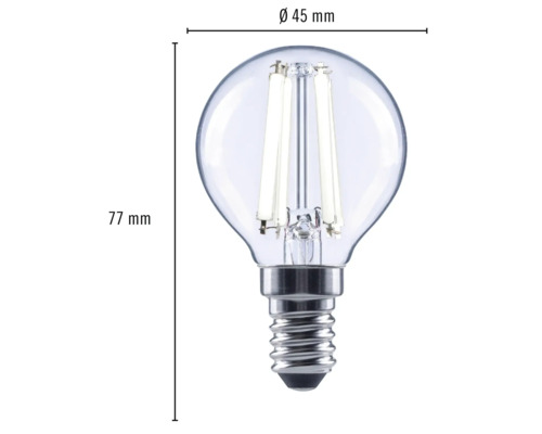 Bec LED transparent cu soclu E14, diametru de 45 mm și înălțime de 77 mm