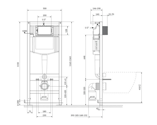 Desen tehnic al unui element de perete frontal pentru WC-uri cu dimensiuni.