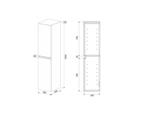 Desen al unui dulap înalt cu indicații de dimensiuni.