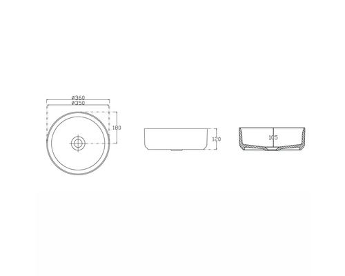 Desen tehnic cu dimensiunile unei chiuvete rotunde de blat