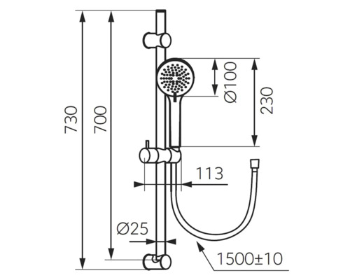Desen tehnic al unei bare de duș cu dimensiunile diametru 25 milimetri, înălțime 730 milimetri, lățime 230 milimetri și lungime furtun 1500 milimetri
