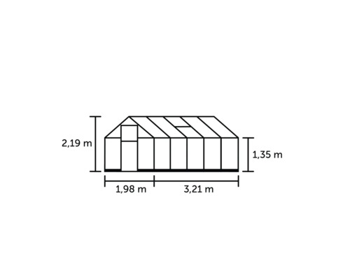 Diagrama unei sere cu dimensiunile de 2,19 metri înălțime, 1,98 metri lățime și 3,21 metri lungime.